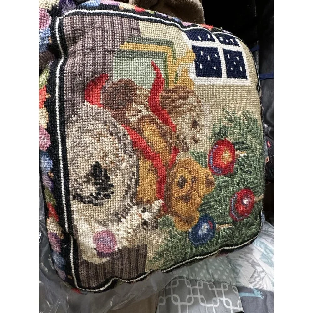 Wool Needlepoint Pillow Christmas Dog Cat Teddy Bears Tree Vintage Complete READ
